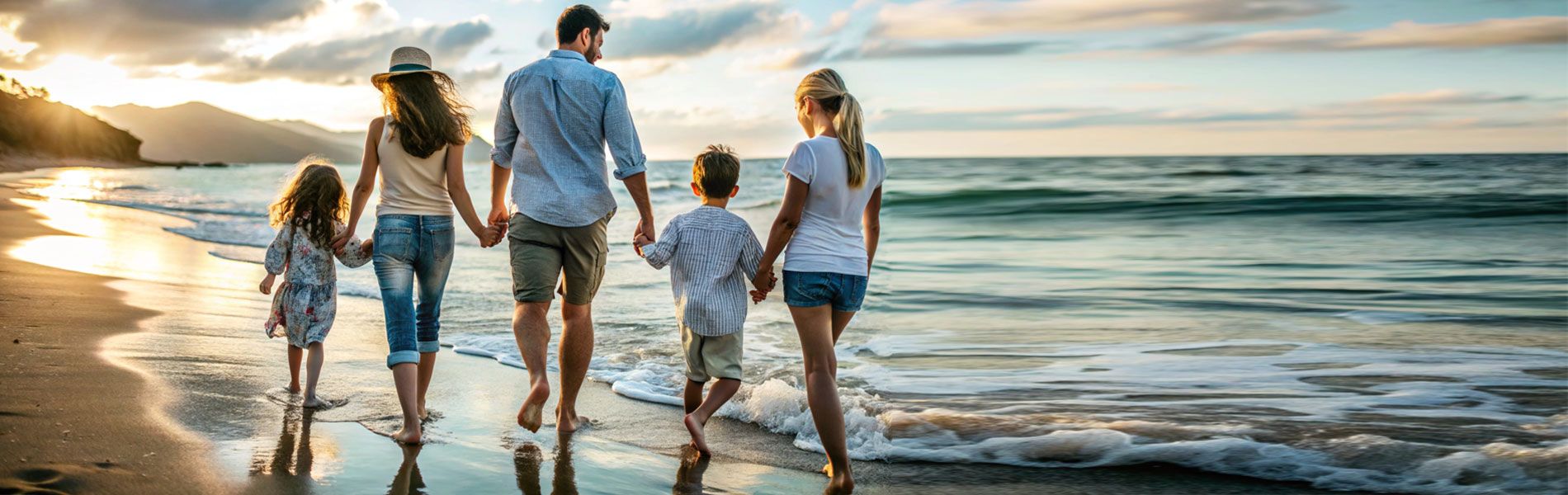 Familia paseando por la playa con ASISA Completa +, el seguro médico completo con copagos bajos de ASISA