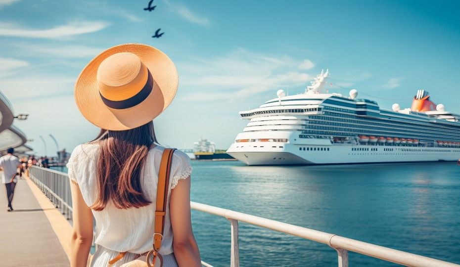 Viajera frente a un crucero en el puerto con su seguro de viaje ASISA Travel and You Cruise