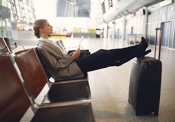 Viajera esperando en la terminal de un aeropuerto junto a su maleta