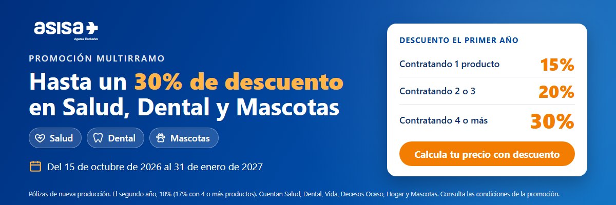 Promoción multirramo ASISA: hasta un 30% de descuento en Salud, Dental y Mascotas del 15 de octubre de 2026 al 31 de enero de 2027